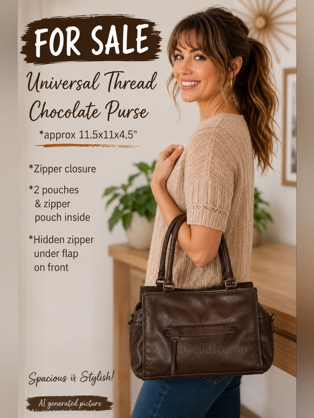 Universal Thread Chocolate Handbag Purse 11.5x11x4.5"